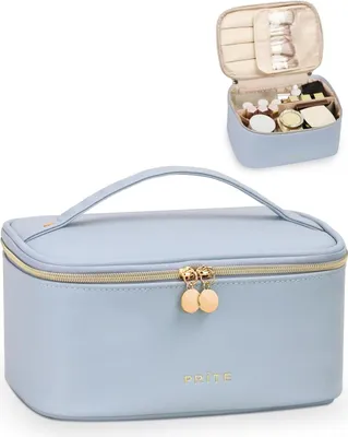 Produktbild von Kosmetiktasche Damen Reisetasche Wasserdichte Leder Kulturbeutel Tragbarer Make-up Organizer Beutel mit Griff und abnehmbarem Trennfach - Blau