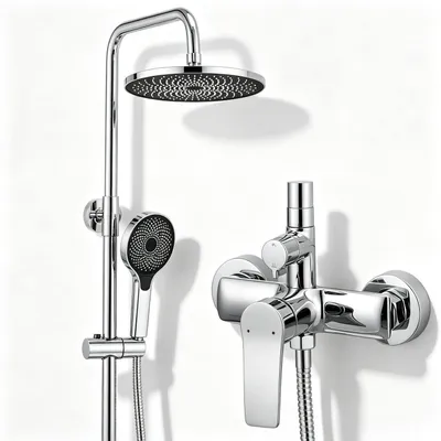 Image de Système de douche complet : douchette de pluie, pommeau de douche à main, en laiton, en acier inoxydable, finition chrome