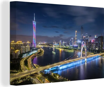 Produktbild von OneMillionCanvasses® - Leinwandbilder - 140x90 cm, Ein schöner Sonnenuntergang in Guangzhou, Wandbilder Kunstdruck Wanddekoration - Foto auf Leinwand - Gemälde auf Holzrahmen