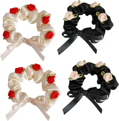 Produktbild von 4 Stück Damen Haargummis aus Seide mit Rosenblütenmotiv Komfortabel Rutschfest Modisch und Vielseitig für Eleganten Haarschmuck