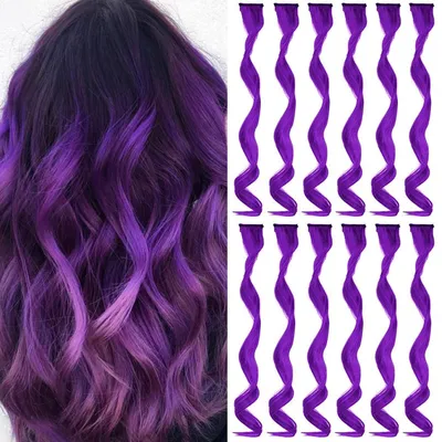 Image de Extensions de cheveux à clipser, violettes, bouclées, ondulées, 17 pouces, 12 pièces, en fibre synthétique