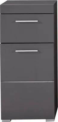 A gray storage unit with three drawers.