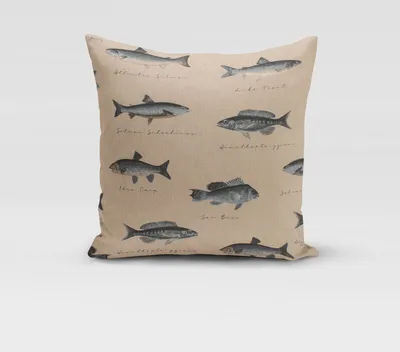 Produktbild von SCHÖNER LEBEN. Kissenhülle Leinenlook Vintage Fische natur blau Größe 80x80cm (HxB) 80x80cm (HxB) Größe