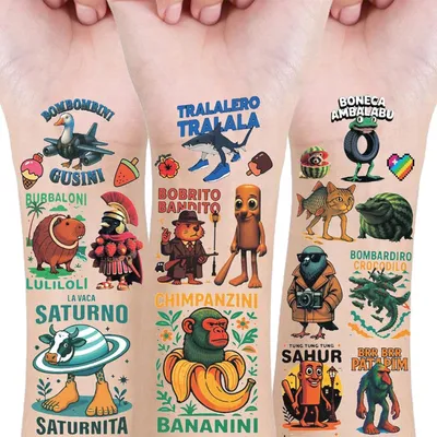 Produktbild von Italian Brainrot Temporäre Tattoos - 60 Stück Brainrot Geburtstag Deko, Steal a Brainrot Hautfreundliche Kindertattoos für Party