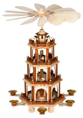 Productafbeelding van Houten kerstpiramide, 4-laags, geschikt voor 6 kaarsen - Kerstdecoratie, kerst, houten piramide, echt hout, decoratie, kleur: bruin