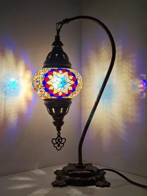 Zdjęcie produktu dla Lampa Mozaïek – turecka lampa stołowa – orientalna lampa łukowa – ręcznie wykonana – oprawka E14 – szkło 16 cm