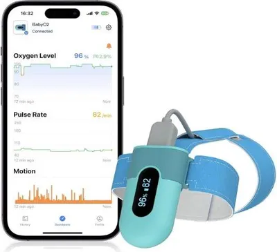 Produktbild von Baby O2 Pulsoximeter fuß, Sauerstoffsättigung Messgerät für Babys Pulsmesser, Verfolgen Sie Kontinuierlich die Sauerstoffsättigung und Herzfrequenz, mit Alarm in APP em APP&PC-Bericht
