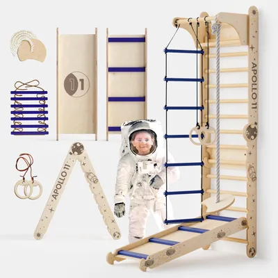 Obrázok produktu pre Apollo 6-v-1 Švédska stena a Moon Set – lezecká stena inšpirovaná NASA, vesmírna fitness stanica so šmýkačkou pre malých astronautov