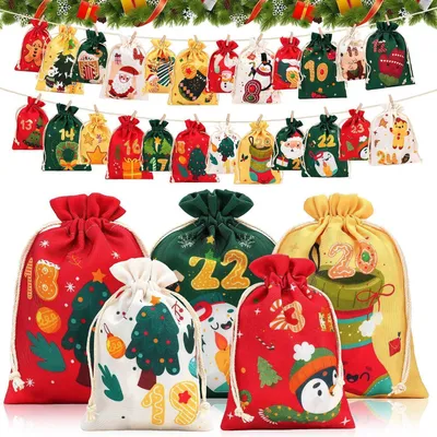 Produktbild von Adventskalender zum Befüllen 2026, 24 Stoffbeutel in 2 Größen, DIY Weihnachtskalender Set mit Holzklammern & Hanfseil