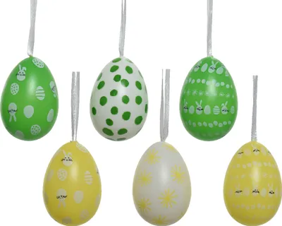 Produktbild von Ostereier zum Aufhängen gepunktet mit Motiv 6cm gelb / grün 12 Stück