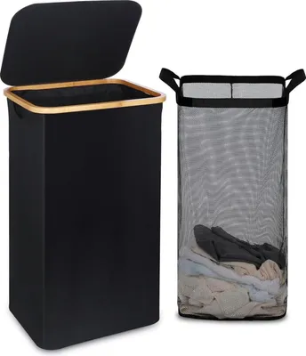 Image de Panier à linge avec couvercle et poignées en bambou XXL 100 litres noir