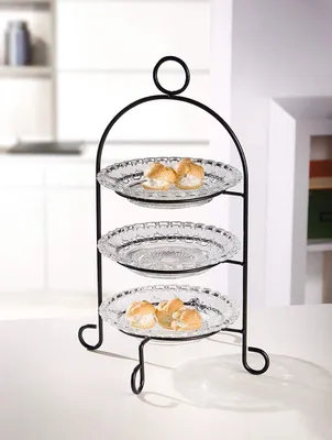 Produktbild von Etagere aus Metall mit 3 Glastellern, Retro Gebäckständer, Obstständer, Ständer für Muffins, Gebäck & Kuchen