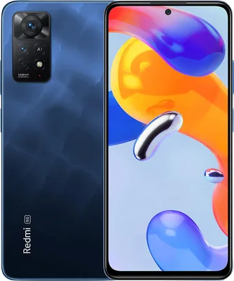 A product shot of a blue Xiaomi Redmi Note 11 Pro 5G smartphone, displayed from the back and front.