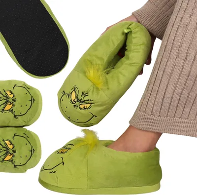 A collage of Grinch-themed slippers, including a pair being worn by a person.