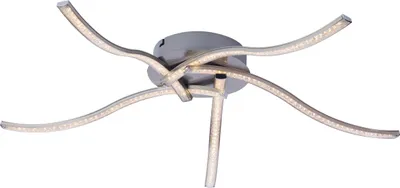 A modern ceiling light with multiple curved arms, each lined with small LED lights.