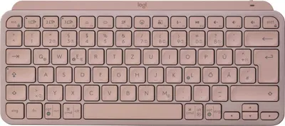 A top-down view of a rose gold Logitech MX Keys Mini keyboard.