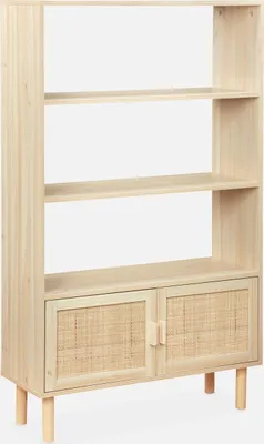 Produktbild von sweeek Bücherregal, Vintage, Kiefernholz und Natur-Rohrgeflecht, mit 3 Regalböden und 2 Türen, L 80 x B 40 x H 140 cm