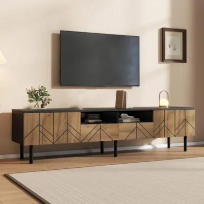 Produktbild von TV-Schrank mit Schubladen & Türen, TV-Ständer, Fernsehtisch für Wohnzimmer, bis 75kg belastbar 180x40x45 cm
