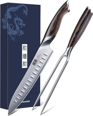 Imagen del producto de Juego de cuchillo para jamón de 20 cm y tenedor de 18 cm, juego de cuchillos profesionales