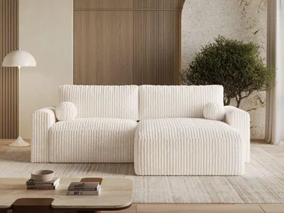 Produktbild von GrainGold Ecksofa L-Form Aurora - Ecksofa mit Schlaffunktion, Bettkasten - Moderne Ecksofa, Wohnzimmer Sofa - Eckcouch mit Cord-Stoff - Creme (Tilia 01)
