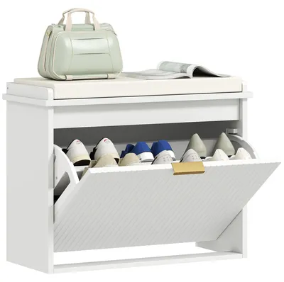Produktbild von Schuhbank mit gepolstertem Sitzkissen und ausklappbarer Schublade fš¹r Flur oder Schlafzimmer, 62 x 26 x 47,5 cm, wei?