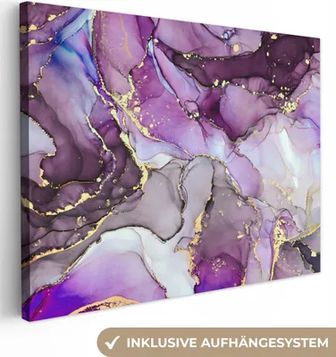 Produktbild von MuchoWow® - Leinwandbilder - Marmor - Rosa - Lila - Gold, Wandbild, Wanddeko Bilder Wohnzimmer, 120x90cm