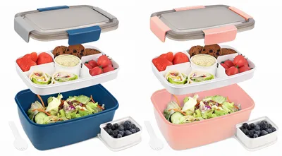 Lunchbox-Set 2er, 2000 ml, Bento-Box mit Fächern, blau+rosa