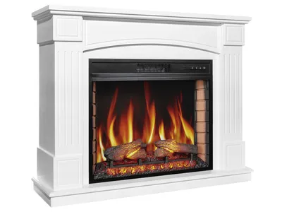 A white electric fireplace with a realistic flame effect and logs.