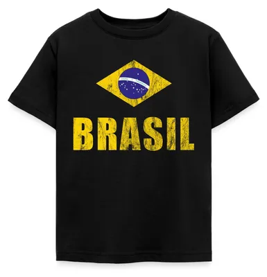 Produktbild von Spreadshirt Brasilien Fußball Retro Kinder T-Shirt, 98/104 (3-4 Jahre), Schwarz