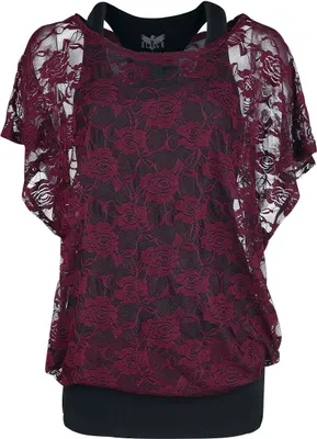 Produktbild von Black Premium by EMP Damen bordeaux rotes Spitzenshirt mit schwarzem Top L