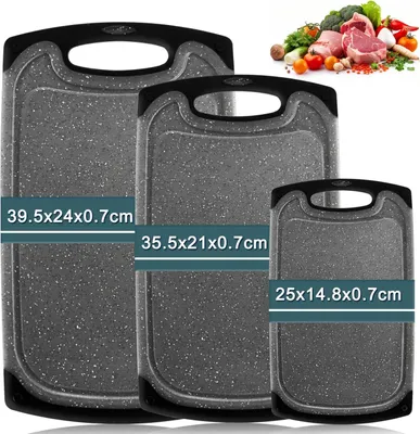 Produktbild von Schneidebrett Kunststoff, Hunnycook 3-teiliges Schneidebrett Set mit Saftschacht und Rutschfestem Silikon, Schwarzes antibakterielles schneidebrett/Plastik-Frühstücksbrett, BPA-frei, spülmaschinenfest