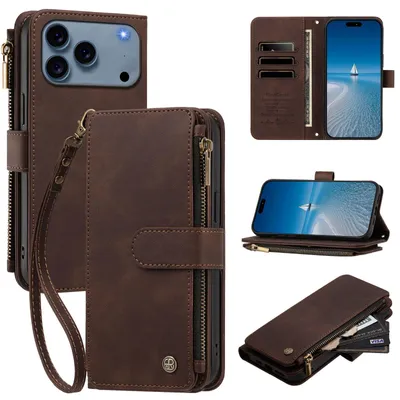 Produktbild von Handyhülle für iPhone 17 Pro Max / 18 Pro Max, Leder Klapphülle mit Kartenfächern, Reißverschlussfach und Handschlaufe Braun
