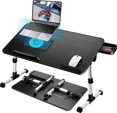 Obrázek produktu pro Stolek na notebook k posteli Výškově nastavitelný Sklopný s chladičem na notebook Černý 60 x 34 cm