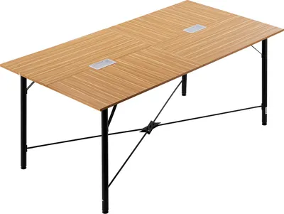 A rectangular conference table with a wood-grain top and black metal legs, shown from a slightly elevated diagonal angle.