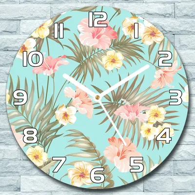 Produktbild von Wanduhr aus Glas Rund fi 30 Tropische Blumen Quarz Deko Wohnzimmer Büro