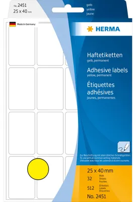 Obrázok produktu pre HERMA Permanenter Klebstoff - Gelb - 25 x 40 mm 512 Etikett(en) (32 Bogen x 16)