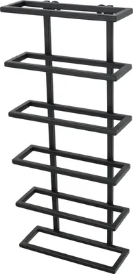 A black metal wine rack with multiple shelves, shown against a white background.