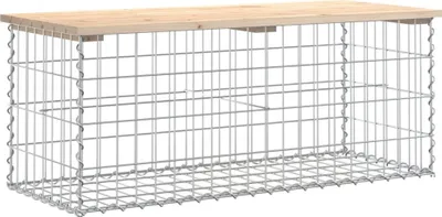 A gabion bench with a wooden top, shown against a white background.
