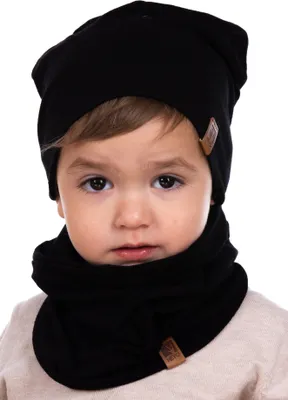 Produktbild von Kinder Set Beanie Mütze Schlauchschal Baumwolle Rundschal weich Mädchen Jungen Herbst Herbstset Schwarz