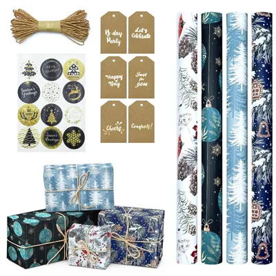Productafbeelding van Omgoods- Kraftpapier set van 4 rollen - Inpakpapier verjaardag/Kerstmis - Etiketten/stickers/touw - 43 x 300 cm - Geschikt voor tafelkleden/bloemenverpakking