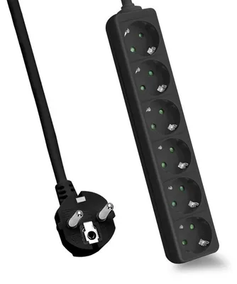 Image de Helos multiprise CLASSIC, 6x, noir, 3,0m, sans interrupteur Design classique robuste , 3,0m de câble d'alimentation , section de conducteur : 1,5 mm² , type de câble : H05VV-F 3G1.5mm , sans interrupteur , 6 prises de courant de sécurité tournées à 45° , avec protection contre les contacts accidentels , pouvant supporter jusqu'à 16 A/230V (4000 watts) , es VDE, CE et GS , couleur : noir (262807)