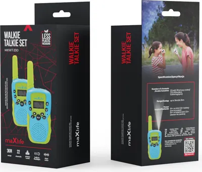 Two boxes of walkie-talkies are shown, one with a close-up of the product and the other with a lifestyle image of children using them.