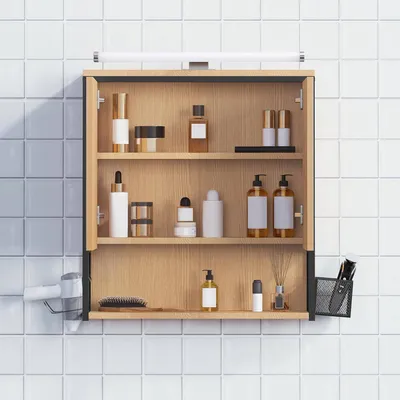 Produktbild von EUGAD Spiegelschrank Bad, hängend, aus Metall MDF, schwarz + helle Eiche