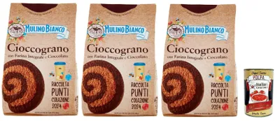 Produktbild von Mulino Bianco Cioccograno Biscotti con Farina Integrale e Cioccolato, Kekse mit Vollkornmehl und Schokolade, biscuits, cookies, 3x 330g + Italian Gourmet polpa 400g