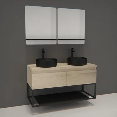 Image de Meuble de salle de bain bois et métal avec vasques noires et miroirs WILL