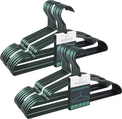 Produktbild von 20x Parusia Kleiderbügel waldgrün,  42cm breit, 1cm stark, Kleiderbügel Metall rostfrei, formstabil, zur platzsparenden Kleideraufbewahrung & Organisation von Kleiderschrank, Kleiderständer