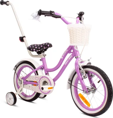 Obrázek produktu pro Kolo pro dívku 14 palců 3-5 let kolo s tréninkovými koly tlačné zařízení zvonek košík Heart Bike fialová