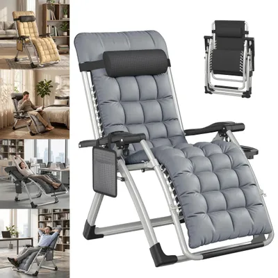 Image de Chaise longue de jardin ACXIN, rembourrage ergonomique avec coussin moelleux, pliable et réglable, avec oreiller, porte-boissons et poche latérale, gris clair