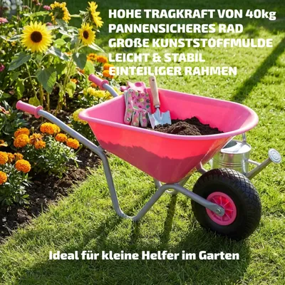 Produktbild von Matrix Kinderschubkarre Rosa/Pink | Kinder Schubkarre Garten Spielzeug | Leicht & Stabil | 40kg Belastbar | 20L Mulde, Vollgummirad