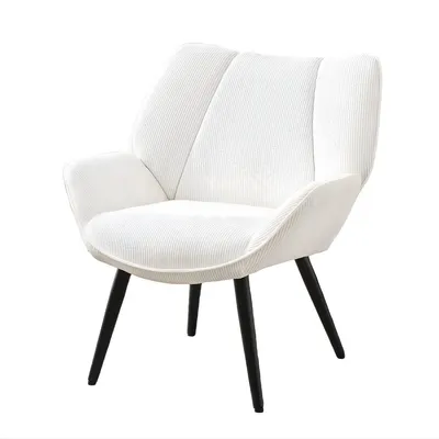 Productafbeelding van Witte corduroy accentstoel – Hoge rugleuning loungefauteuil met houten en metalen frame – Gestoffeerde leestoel voor woonkamer en slaapkamer